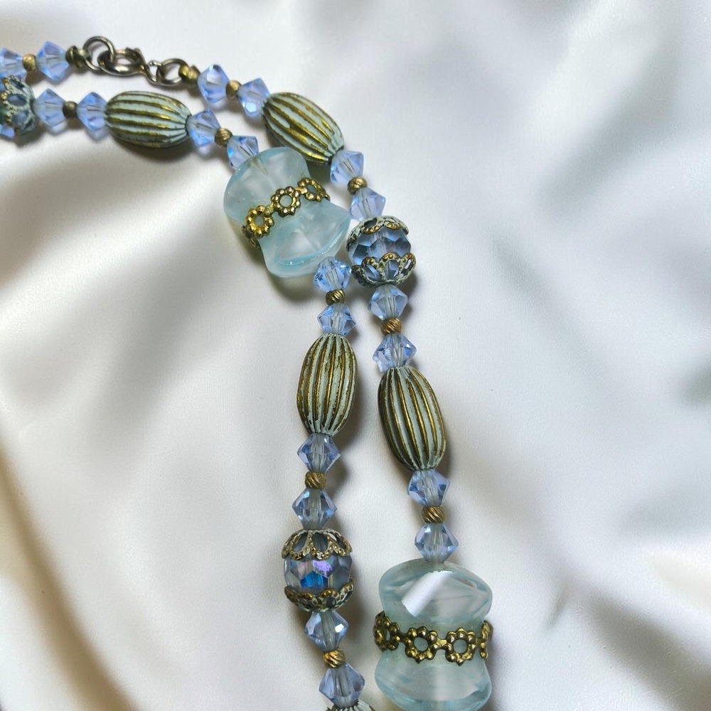 Vintage Mid Century Aqua Glass & Crystal 33" Necklace - Picture 10 of 11